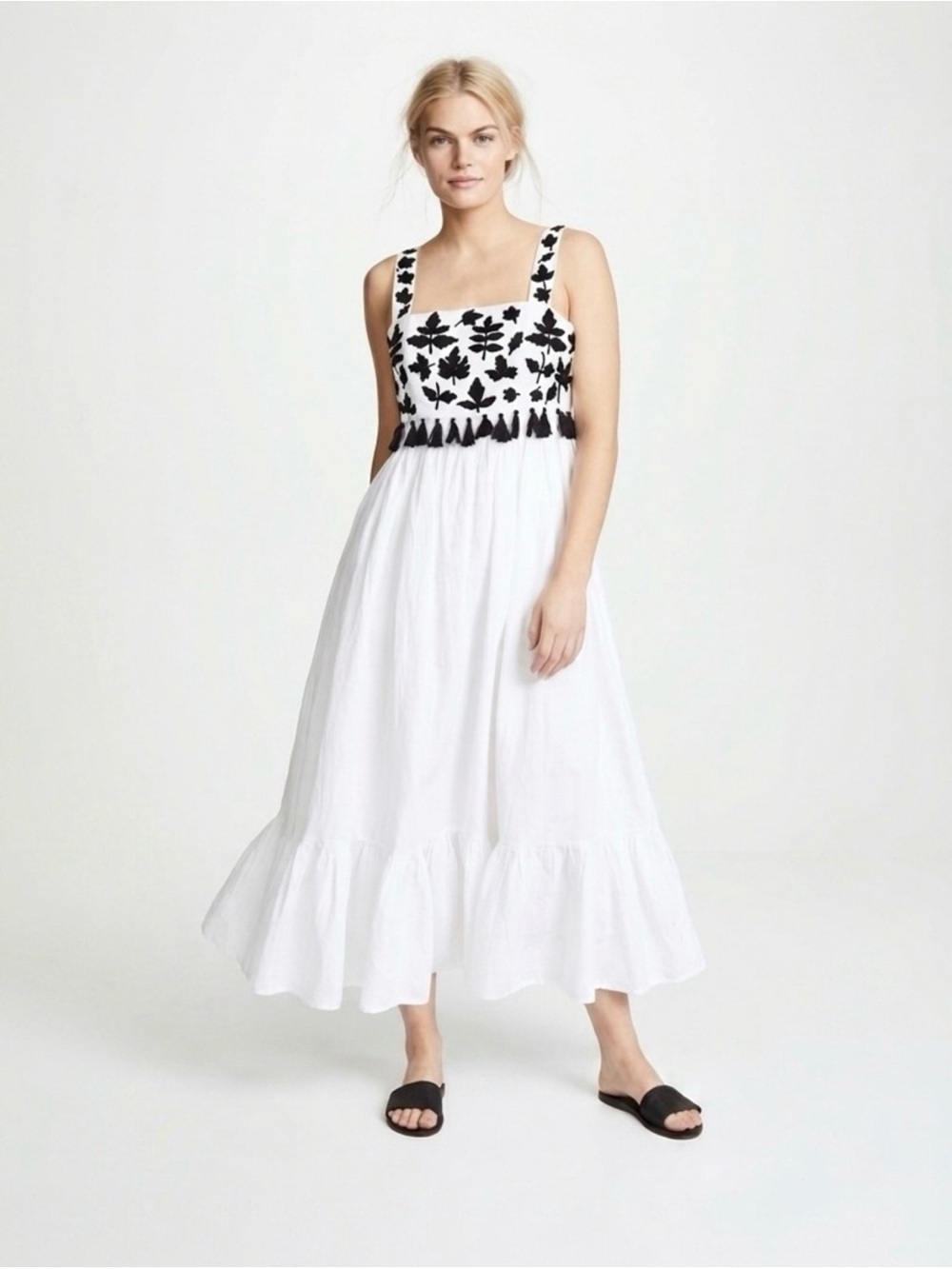 Carolina K Terry Embroidered Tassel Open Back Midi Dress Boho White Size XS